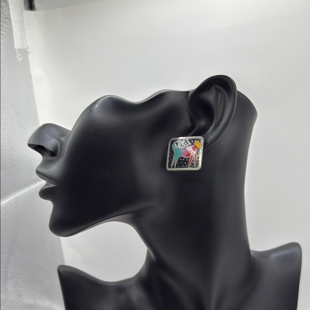 Laurel Burch Night Dog Aztec Square Stud Earrings Jewelry Collectible Cloisonne - Picture 2 of 7